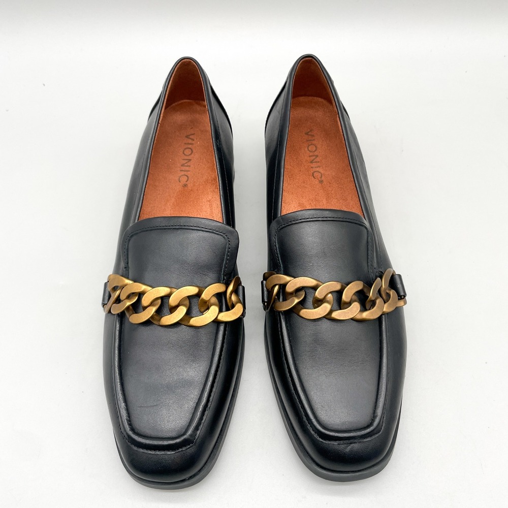 Vionic Womens 9 Mizelle Chain Link Loafers Black Leather Square Toe Classic